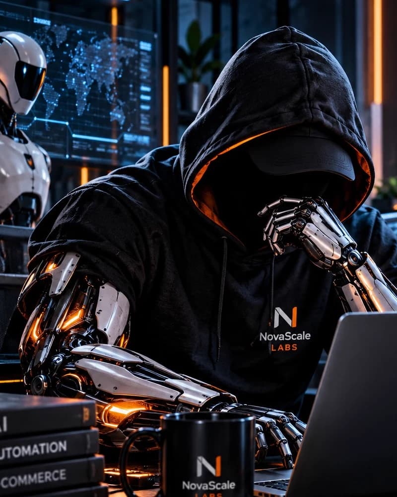 Figura encapuchada con brazos robóticos trabajando en el laboratorio de NovaScale Labs